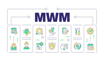 MWM word concept isolated on white. Mobile workforce management. Streamline task execution. Creative illustration banner surrounded by editable line colorful icons. Hubot Sans font used