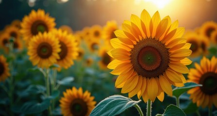 Obraz premium Sunflower in full bloom with golden-yellow petals. A stunning scene with party lights, colorful backdrop, and a joyful summer vibe.