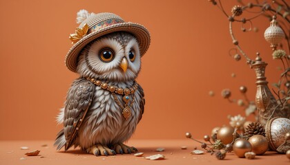 Obraz premium cute owl baby wearing hat posing inside photography studio, in photo with gradient orange background