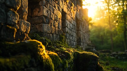 Mossy Stone Ruins Bathed In Golden Sunlight