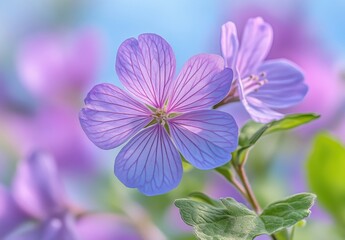 Delicate Purple Flower with Fine Veins and Lush Green Leaves Against a Soft Background Showcasing Nature's Beauty in Floral Macro Photography