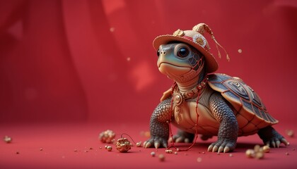 baby turtle wearing a hat posing inside a photography studio, in a photo with a gradient red background