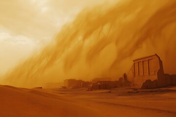 massive sandstorm with desert dunes, golden sky, dramatic clouds, and wind in an arid landscape during extreme weather