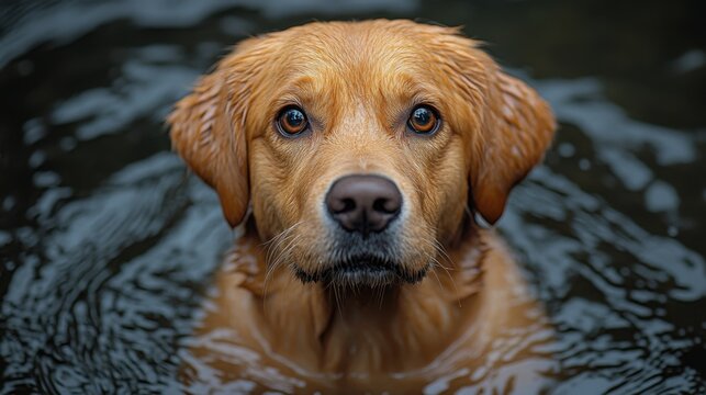 Wet golden retriever dog staring directly into the camera, close-up portrait, playful expression, water droplets, outdoor pet, adorable animal, loyal companion, golden fur, cute moment.