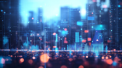 Modern urban skyline with digital overlay showcasing data visualization technology at sunset