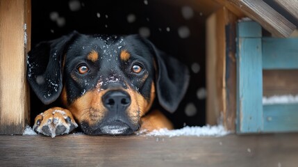 Close-up of wet dog with sad eyes leaning on wooden fence, rainy weather, emotional moment, lonely pet, abandoned dog, shelter need, animal rescue, empathy.