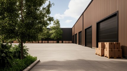 Naklejka premium Efficiency increase workflow analysis concept. Industrial storage area with large metal garage doors, surrounded by trees and stacked cardboard boxes on a paved surface.