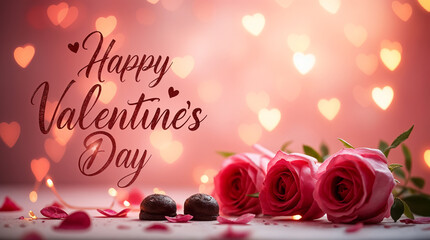 Romantic Valentine's Day scene with pink roses, glowing heart bokeh lights, and "Happy Valentine's Day" text in a dreamy setting