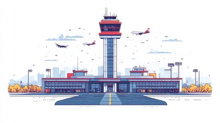 Obraz premium Modern Airport Terminal with Control Tower Surrounded by Airplanes and a Clear Sky, Capturing the Essence of Air Travel and Aviation Life