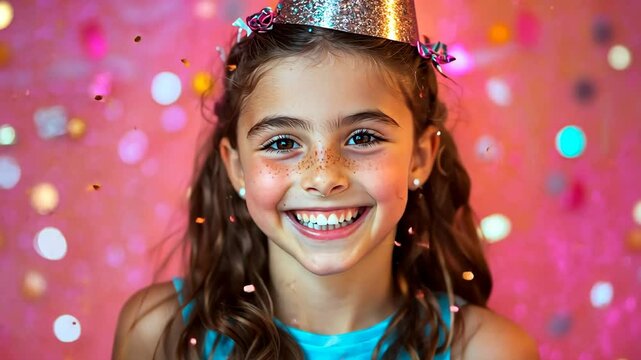 happy girl 8 years celebrating, birthday party Child wearing a golden party hat, happily laughing in a shower of golden confetti against a vibrant pink background