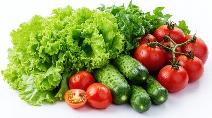 Fresh Vegetables Including Lettuce, Tomatoes, Cucumbers, and Herbs