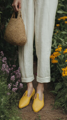 Yellow shoes and straw bag with linen pants in garden