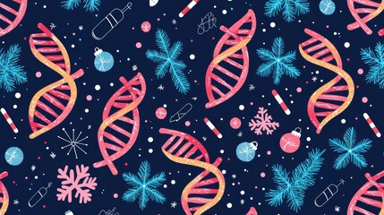 Modern seamless holiday pattern featuring softly glowing DNA helixes, health tools, and holographic circuits