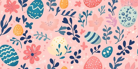 Easter seamless pattern with floral vibes, pastel colors, and Easter eggs