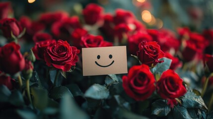 Bouquet of red roses with smiley face card, romantic gesture, floral arrangement, celebration gift, love expression, cheerful mood, elegant flower presentation, happiness theme.