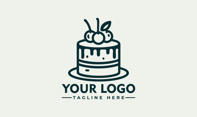 vector logo line drawing of a twotiered cake with cherries; suitable for bakery logos, greeting cards, and confectionerythemed designs