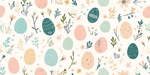 Easter seamless pattern with floral vibes, pastel colors, and Easter eggs