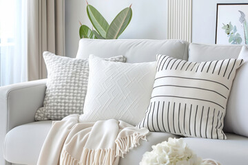 Neutral sofa with printed geometric throw pillows and cozy accent