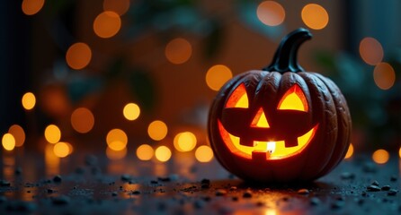 A carved pumpkin with a lit candle inside, glowing warmly against a dark background. A Halloween-themed 3D render with intricate details and soft orange light.
