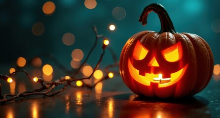 A carved pumpkin with a lit candle inside, glowing warmly against a dark background. A Halloween-themed 3D render with intricate details and soft orange light.