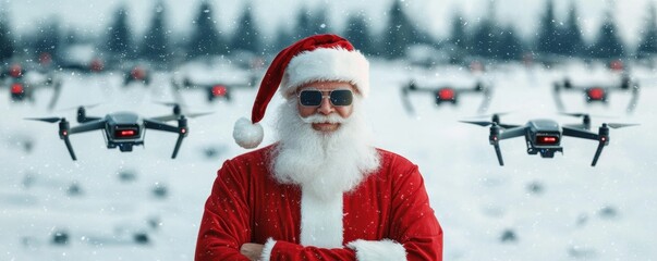 Pattern of Santa delivering glowing health-themed Christmas gifts surrounded by softly falling tech snowflakes