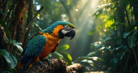 Obraz premium A vibrant macaw perched on a tree branch in a tropical rainforest, with detailed feathers glistening in the soft light breaking through the canopy 