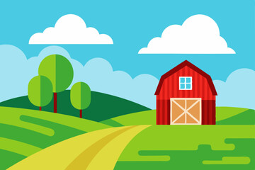 Beautiful Rural Landscape Featuring a Red Barn and Lush Green Fields