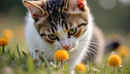 Obraz premium Close-up of a curious cat looking at a flower with a focused detail and soft background