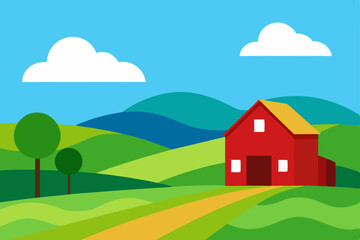 Beautiful Rural Landscape Featuring a Red Barn and Lush Green Fields