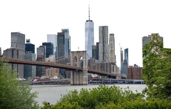 View of Brooklyn Bridge with Manhattan skyline in background, no background PNG format
