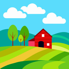 Beautiful Rural Landscape Featuring a Red Barn and Lush Green Fields