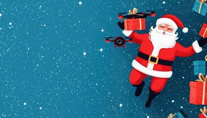 Seamless design of Santa flying with futuristic drones carrying glowing health and fitness-inspired gifts