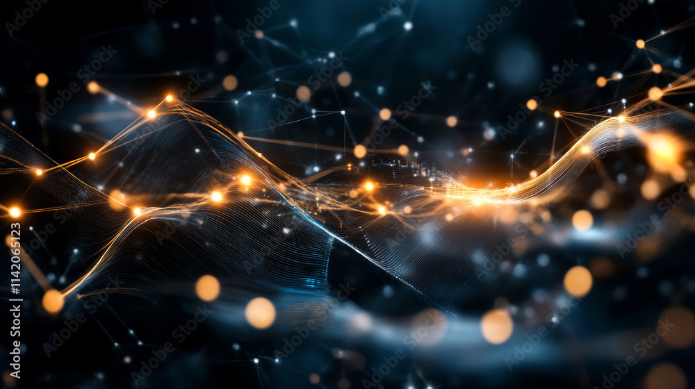 Poster digital network patterns illuminated by glowing particles creating a mesmerizing abstract background