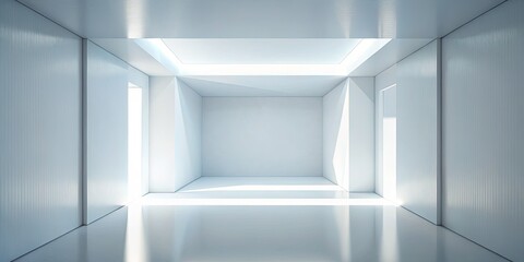 Fototapeta premium A 3D-rendered minimalist white room, showcasing clean geometric shapes and high depth of field, exemplifies modern architectural photography.
