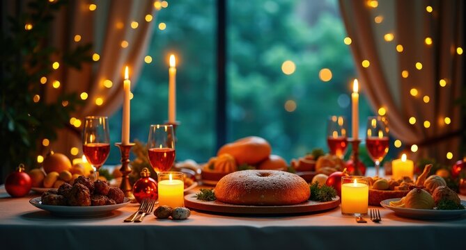 Feast Table (Various) – A table laden with festive food and drinks. A richly set table overflowing with delicious dishes and drinks, creating a festive atmosphere.