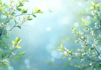 Obraz premium Serenity in Nature: Delicate Green Leaves and Blossoms Framing a Soft Blue Background, Perfect for Relaxing and Refreshing Visuals in Any Project or Design