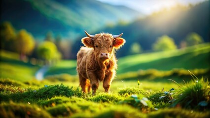 Adorable tilt-shift photo of a miniature cow in a pastoral scene.
