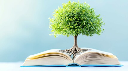 Sustainable knowledge growth concept with tree emerging from book pages, symbolizing eco-education and wisdom in a sustainable knowledge growth concept rooted in nature ,knowledge growth 