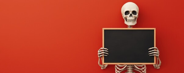 Skeleton Holding Blank Blackboard on Red Background