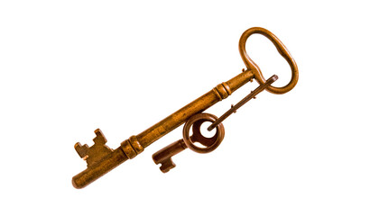 Vintage golden keys isolated on transparent PNG with no background, treasure theme
