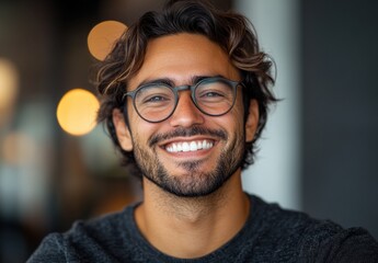 Smiling young man with glasses enjoying life, showcasing happiness and positivity in a relaxed indoor environment with blurred background lights.