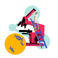 Man in lab coat, scientist standing on blue ladder while interacting with oversized red microscope,...