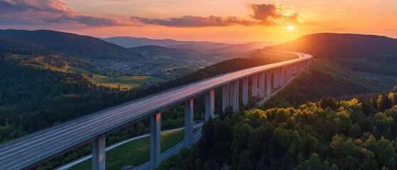 Obraz premium Aerial View of a Beautiful Highway Bridge Under a Colorful Sunset Over Lush Green Hills in a Serene Landscape