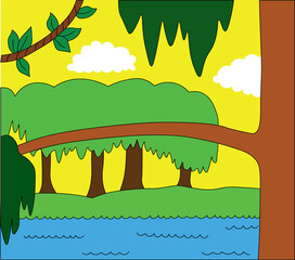 tropical tree branch with green hanging crown against tropical forest background during daytime, river flows in forest