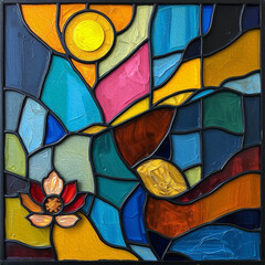 Colorful stained glass window. Multicolored interior design template. Oil painting