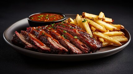 BBQ Brisket Fries and Sauce on Dark Background
