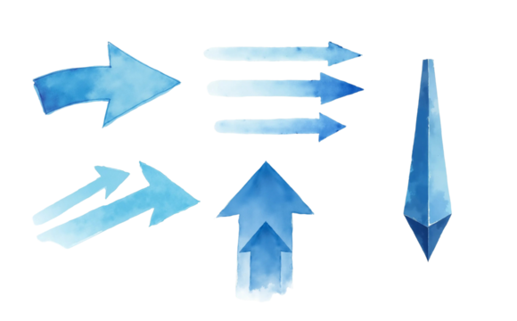 set of blue pointers for Visual Storytelling and Directional Guidance. Pointers, png, watercolor style
