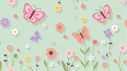 Playful butterflies and flowers, cheerful mood, on soft green background, copy space