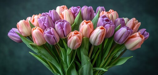 Obraz premium Vibrant Tulip Bouquet with Shades of Pink and Purple Set Against a Dark Background, Perfect for Spring Celebrations and Floral Arrangements