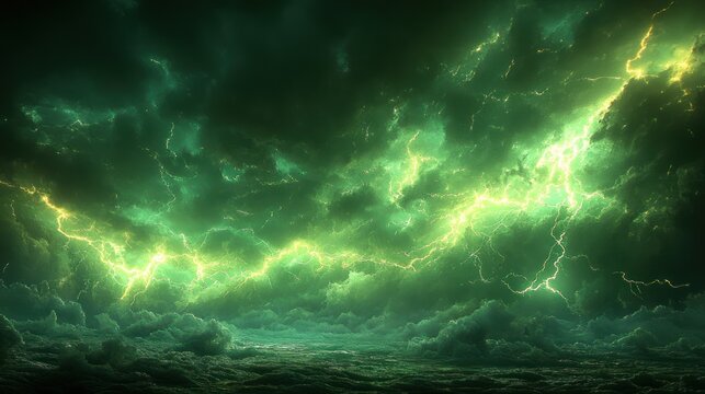 Green lightning strikes across a dark, stormy sky above a sea.